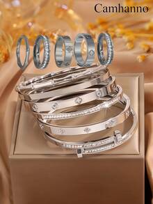 Camhanno 1/1 Set Luxury Stainless Steel Bracelet & Ring Combo, Versatile Fashion Accessories, Best Gift For Girlfriend - Gold - View 2