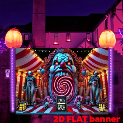 2D Polyester Horror Carnival Backdrop With Clown & Skeleton Scene, Vivid Neon Lights, Striped Tent Design, Suitable For Halloween Decoration, Theme Party, Background, Indoor & Outdoor Use, Multifunctional Wall Decor For Home, Office, Outdoor, Studio, Party, Holiday Gift, Polyester Material, No Power Source Required.