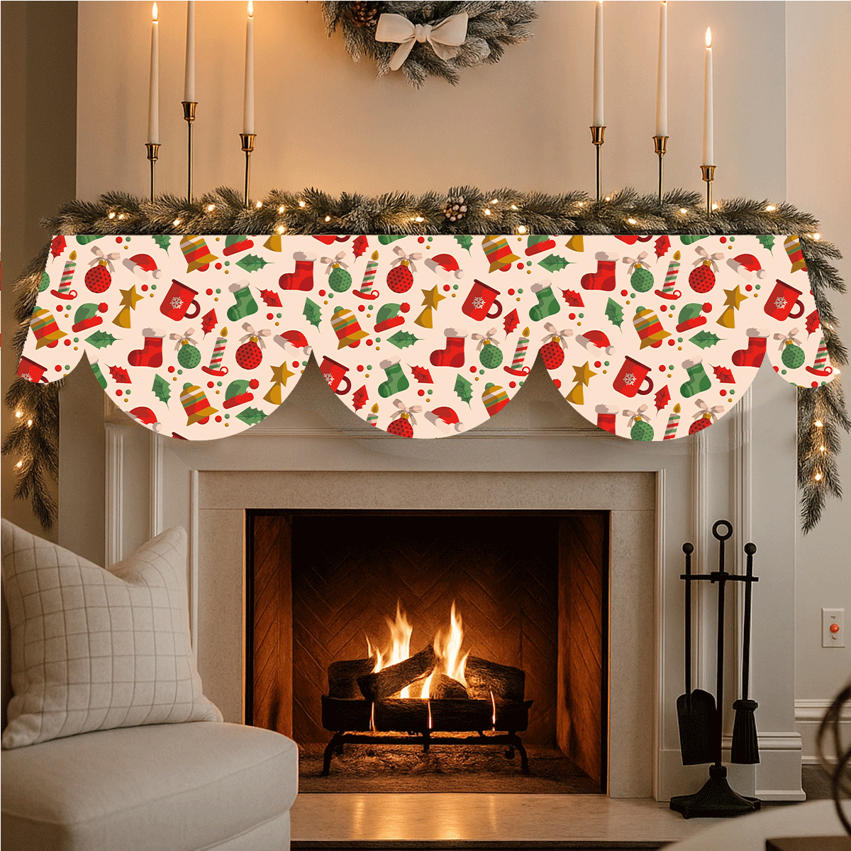 1pc/240pcs Vintage Full Print Christmas Fireplace Scarf, Cream Background With Allover Print Christmas Stockings, Bells, Ornaments, Gingerbread Man Elements, Suitable For Fireplace/Arch Decoration, Cute Patterns Create Warm Holiday Atmosphere, Matching Christmas Home Decor