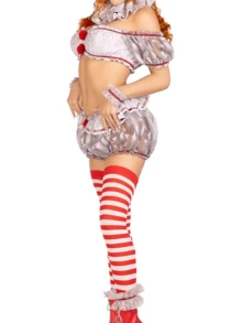 Women Halloween Costume Clown Tops And Shorts Striped Stockings Set For Cosplay Role-Playing Party Outfits - 灰色 - 查看 2