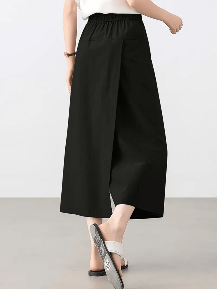 Women's Elegant Culottes, Casual Comfortable Wide Leg Pants Skirt, Loose Elastic Waist 3/4 Pants, Spring/Summer - Black - View 2