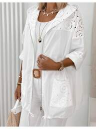 Lichtgewicht jasje voor dames in grote maten, dun vest met capuchon - open mouwmanchetten en ritssluiting aan de voorkant, elegant semi-transparant bovenkledingstuk, geschikt voor alle seizoenen, zonbescherming, casual en veelzijdig, doorschijnende stof, essentieel voor de start van het schooljaar. Witte lente