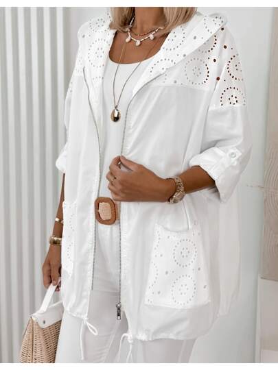 Plus Size Women's Lightweight Jacket, Thin Hooded Cardigan - Hollow Sleeve Cuffs And Zipper Front, Elegant Semi-Sheer Layering Outerwear, Suitable For All Seasons, Sun Protection, Casual Versatile, Sheer Fabric, Essential For Back To School Season