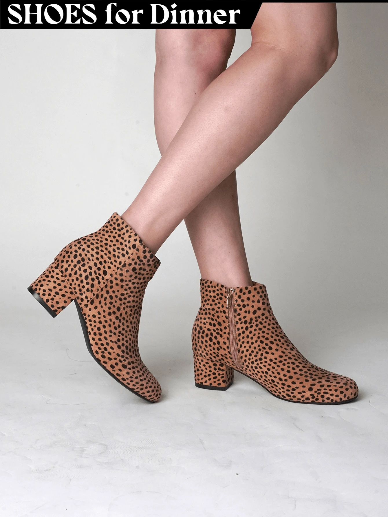 Women's Black Vegan Suede Cheetah Faux Suede Cognac Vegan Suede Natural Faux Suede Smokey Taupe White PU Chunky Low Heel Zip-Up Ankle Boots – Minimalist Round/Pointed Toe Fashion Booties [Size Up Half Size] - 獵豹人造麂皮 - 查看 1