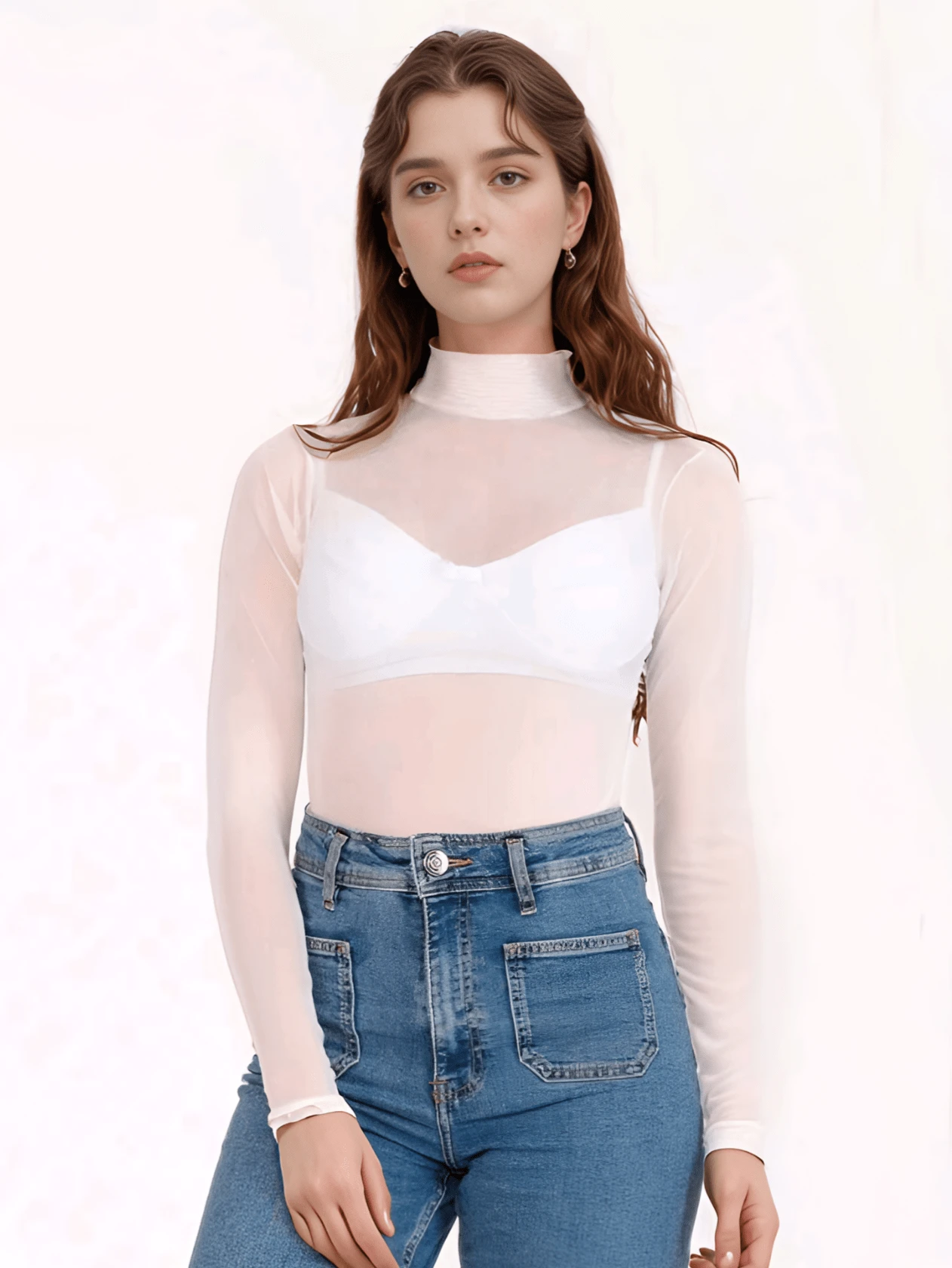 Mock Neck Tulle Blouse Long Sleeve Transparent Mesh Without Bra - White - View 1