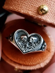 1 Pc Vintage Personalized Punk Style Bone Embrace Heart Set White Synthetic Zirconia Silvery Men's And Women's Rings Suitable For Daily Couple Dating Vacation - 復古銀色 - 查看 3