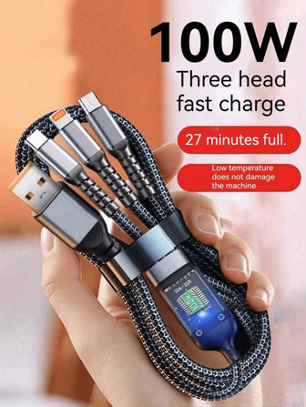 三合一 100W 快充线，具备智能超快充电功能，支持多接口充电。兼容 USB Type-C、Micro USB 和 Type-C 充电线以及 USB-C 数据线。兼容苹果 16/16 Pro/16 Pro Max/16 Plus/15/15 Pro/15 Plus/15 Pro Max，兼容三星手机，圣诞礼物/家庭礼物之选。