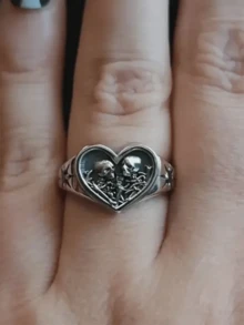 1 Pc Vintage Personalized Punk Style Bone Embrace Heart Set White Synthetic Zirconia Silvery Men's And Women's Rings Suitable For Daily Couple Dating Vacation - 復古銀色 - 查看 4