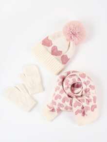 1 Set Of Heart-Shaped Jacquard Children's Knitted Set, Gloves+Knitted Hat+Scarf Set, Autumn And Winter Outdoor Warm Set, Cute Woolen Ball Hat, Suitable For Outdoor Walking And Dressing - Set Combination - View 2