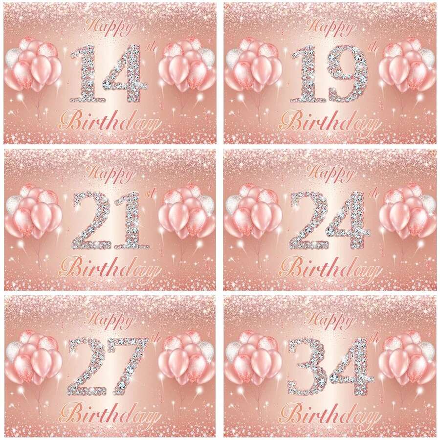 Fondo plano brillante rosa con decoración de globos, adecuado para decoraciones de cumpleaños 14, 19, 21, 24, 27, 34, elementos de fondo de feliz cumpleaños, aplicable para fiestas interiores/exteriores, fotografía, decoración del hogar, exhibición de puertas de garaje, sin electricidad requerida, decoración de fiesta de cumpleaños