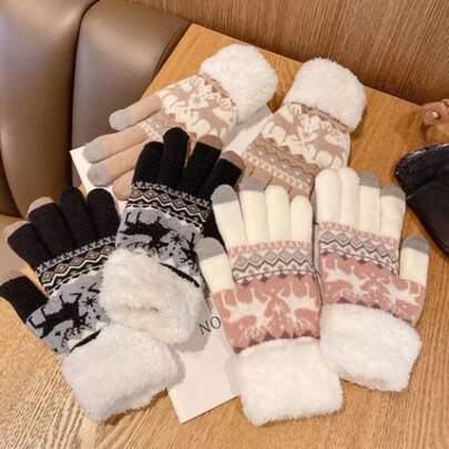 Luvas femininas quentes de inverno com tela sensível ao toque - Design de floco de neve e lã, ajuste elástico para ciclismo, casual ao ar livre e Natal, equipamento à prova de frio