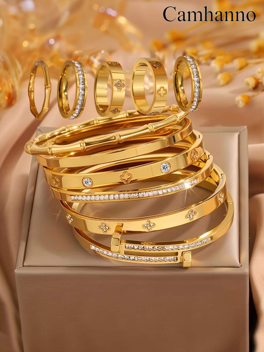 Camhanno 1/1 Set Luxury Stainless Steel Bracelet & Ring Combo, Versatile Fashion Accessories, Best Gift For Girlfriend - Gold - View 1