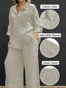 Spring, Summer, Autumn Casual Polo Collar Cardigan, Versatile Solid Color Elegant Blouse Top, Suitable For Beach, Daily Commute, Work, Shopping, Soft & Comfortable Fabric, Elastic Waist Loose Pants, 2 Pieces Set