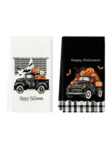 2 piezas/4 piezas/12 piezas Toallas de cocina con patrón de calabaza y coche de Halloween, toallas de baño con patrón de coche fantasma de Halloween, toallas para fiestas al aire libre de Halloween, decoración del hogar de Halloween, decoración de cocina de Halloween, estilo moderno, secado rápido, material de microfibra súper suave, rectangular, 15.75IN*23.62IN/40*60CM con estampado digital, adecuado para decoración de fiestas al aire libre, regalos de vacaciones de Halloween - Multicolor - Ver 2