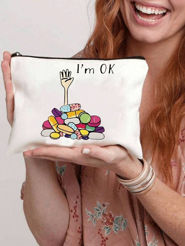 Capsule "I Am Ok" Print Zipper Makeup Bag - Multifunctional Storage Pouch For Cosmetics, Vitamins, Earphones, Notes, Lipsticks, Small Jewelry. Ideal For Daily Commute, Travel, Office. Warm Gift For Friends, Colleagues, Yourself On Birthdays, Anniversaries. Perfect For Healing & Practical Organization