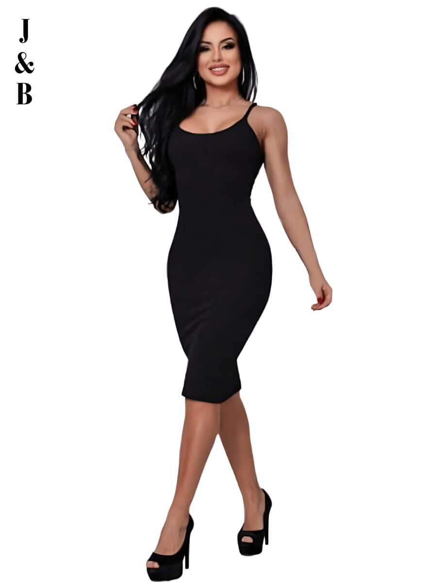 Vestido Midi Anarruga Com Alça Para Gravidas Gestantes Confortável Casual Elegante - Presente Dia Das Mães / Presente dia Dos Namorados BELLA - Preto - U - Preto - Visão 1