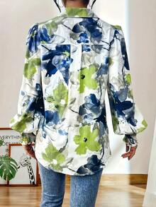 Chemise élégante de style vacances printemps/été pour femmes, imprimé floral, col à revers, manches lanternes, blanc décontracté - Blanc - Voir 2