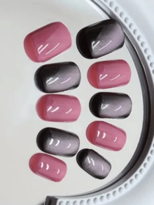 24Pcs Short Square Nail Stickers - Gradient Pink To Wine Red Glitter Design, Removable & Reusable Fake Nails, Suitable For Daily & Special Occasions, Fashionable Cat Eye Effect Nail Art Set Press On Nails Nail Supplies Nails - Multicolor - View 3