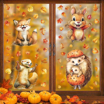 9pcs/Set 68 Sq.Ft Autumn Window Clings - Thanksgiving Fall Decor With Pets, Pumpkins, Maple Leaves And Sunflowers - Reusable PVC Static Clings For Home, Store, Party Glass Display (11.8 X 7.9 Inches), Seasonal Fall Theme, Easy To Use, Holiday Shoppers