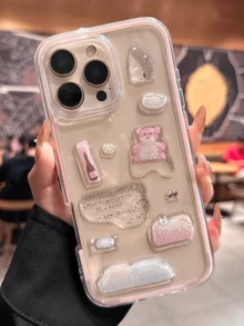 粉色DIY树脂贴纸插画透明手机壳，兼容 11、12、13、14、15、16、Pro Max，多巴胺二合一手机壳 - 粉色 - 查看 5