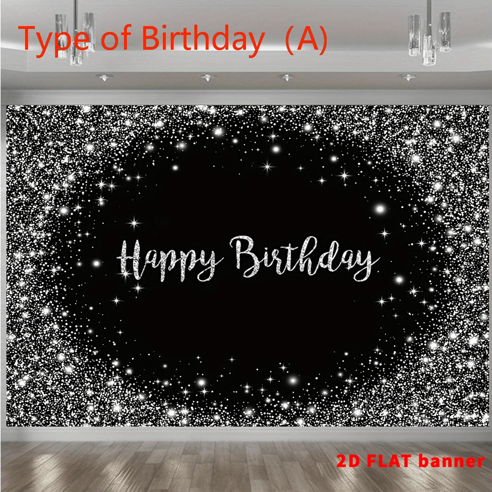 Tecido de fundo com padrão "Feliz Aniversário" com glitter 2D, adequado para suprimentos de festas fotográficas, decoração de eventos, fundo de adereços de estúdio, uso interno e externo