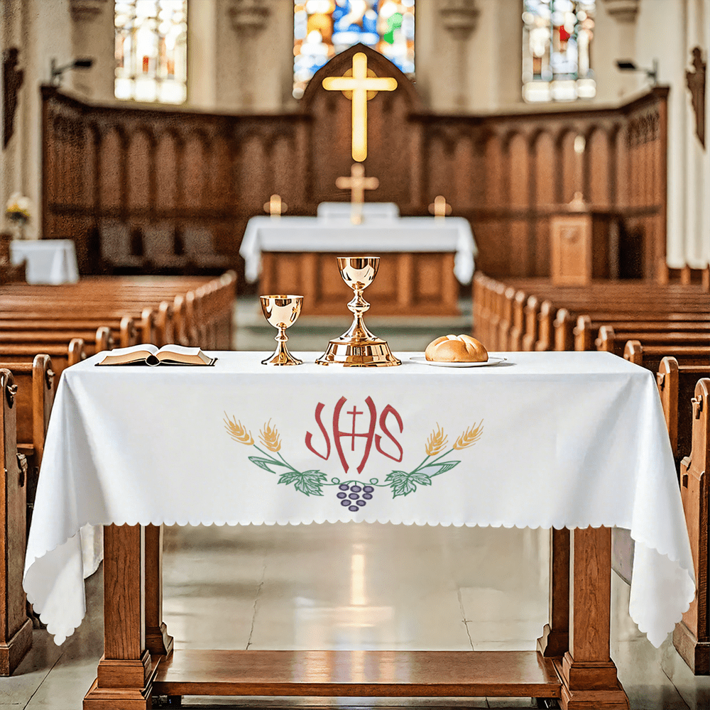 1pc Communion Tablecloth, JHS Design, Colorful Wheat & Grape Pattern, 54X108inch, Washable Polyester, Rectangular Autumn/Thanksgiving/Christmas Tablecloth, Suitable For Confirmation/First Communion/Birthday Party, Church Celebration, Family Gathering Decor