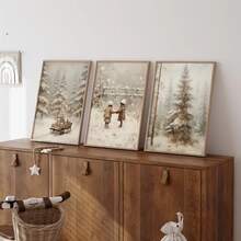 YIKES 1/3pcs Christmas Tree Retro Forest Pine Tree Snow Scenery Mural, Christmas Countryside Scenery Oil Painting Print, Neutral Canvas Poster, Christmas Decoration, Bedroom, Living Room, Corridor, Fireplace Mural, Home And Room Decoration Artwork, Perfect Gift Home Decor Christmas Decorations - Multicolor - View 3