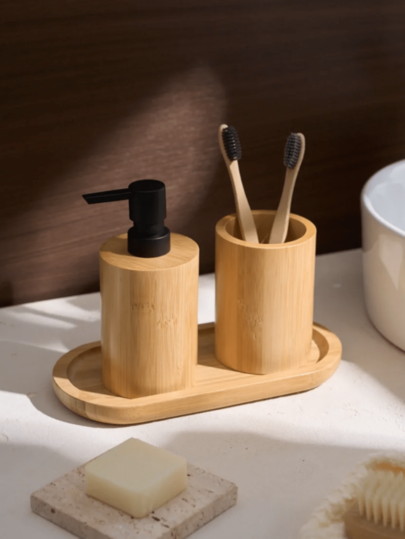 Set di accessori per il bagno con dispenser per sapone e lozione in bambù da 450 ml, dispenser per sapone ricaricabile con pompa per liquidi, ottimo per cucina, bagno, accessori per il bagno, top