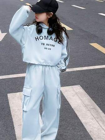 青少年女孩两件套，女孩酷炫印花字母连帽衫，时尚休闲工装裤