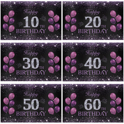 Tema de feliz aniversário roxo plano 2D para comemoração de 10º, 20º, 30º, 40º, 50º e 60º aniversário, cenário de festa multifuncional adequado para decoração de casa, aplicável para festa de aniversário, também um ótimo presente para família e amigos