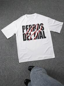 Playera con temática de lucha libre estampado de grupo de perros diabólicos, playera informal de verano para hombre, cuello redondo, manga corta, 100 % algodón, 220 g de algodón grueso - Blanco - Ver 2