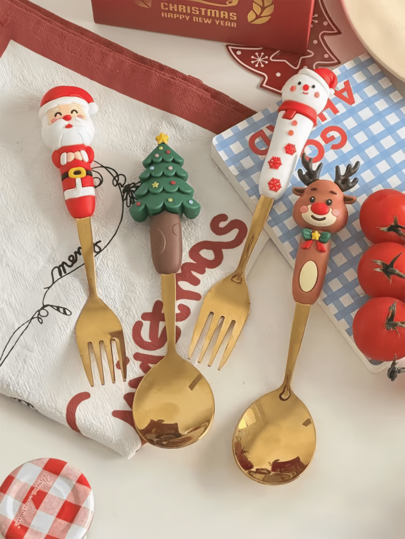1 Set Creative Cartoon Stainless Steel Christmas Cutlery Set, Christmas Tree & Santa Claus Dessert Spoon & Fruit Fork, Holiday Decor Prop Gift Box
