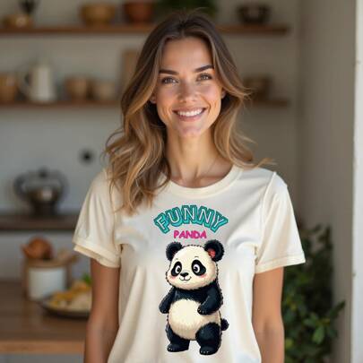 Camiseta Tshirt Feminina Manga Curta estampa Funny Panda Algodão