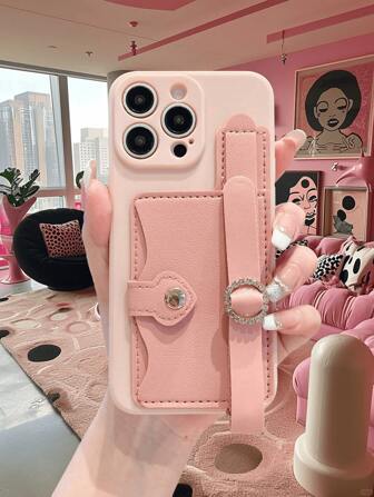 1pc Pink Straight Edge Phone Case + Wrist Strap Leather Texture Card Holder, Anti-Fall, Anti-Fingerprint, Shock-Proof Phone Case Compatible With Apple/Redmi/VIVO/OPPO Waterproof Scratch Resistant