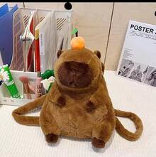 Mochila de peluche capibara, diseño divertido y suave, material peluche premium, compartimentos funcionales, ideal para niños y adultos. - Café - Ver 1
