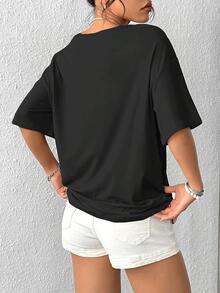 Elegante camiseta de mujer con estampado floral vibrante, camiseta informal de manga corta con cuello redondo, elegante diseño gráfico para uso diario, cómoda y de moda. - Negro - Ver 2