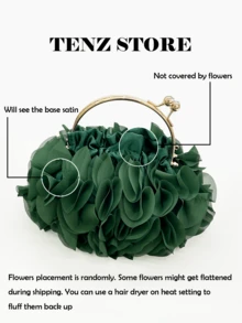 Women's Elegant Emerald Green Floral Pleated Satin Clutch Bag, Party Handbag - Exquisite Chiffon Petal Handbag With Detachable Chain Strap, Fits ProMax Size Phone And Essentials, Perfect For Bride, Wedding, Date, Prom, Holiday, Formal Occasions, Graduation Party, Spring Events, Cocktail Party And Special Occasions (Pattern Random) - Dark Green - View 8