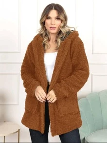 Women's Fur Coat Teddy Overcoat With Hood And Pockets Long Sleeve Fashion Super Shipping!! - Màu Cam cháy - Xem 1