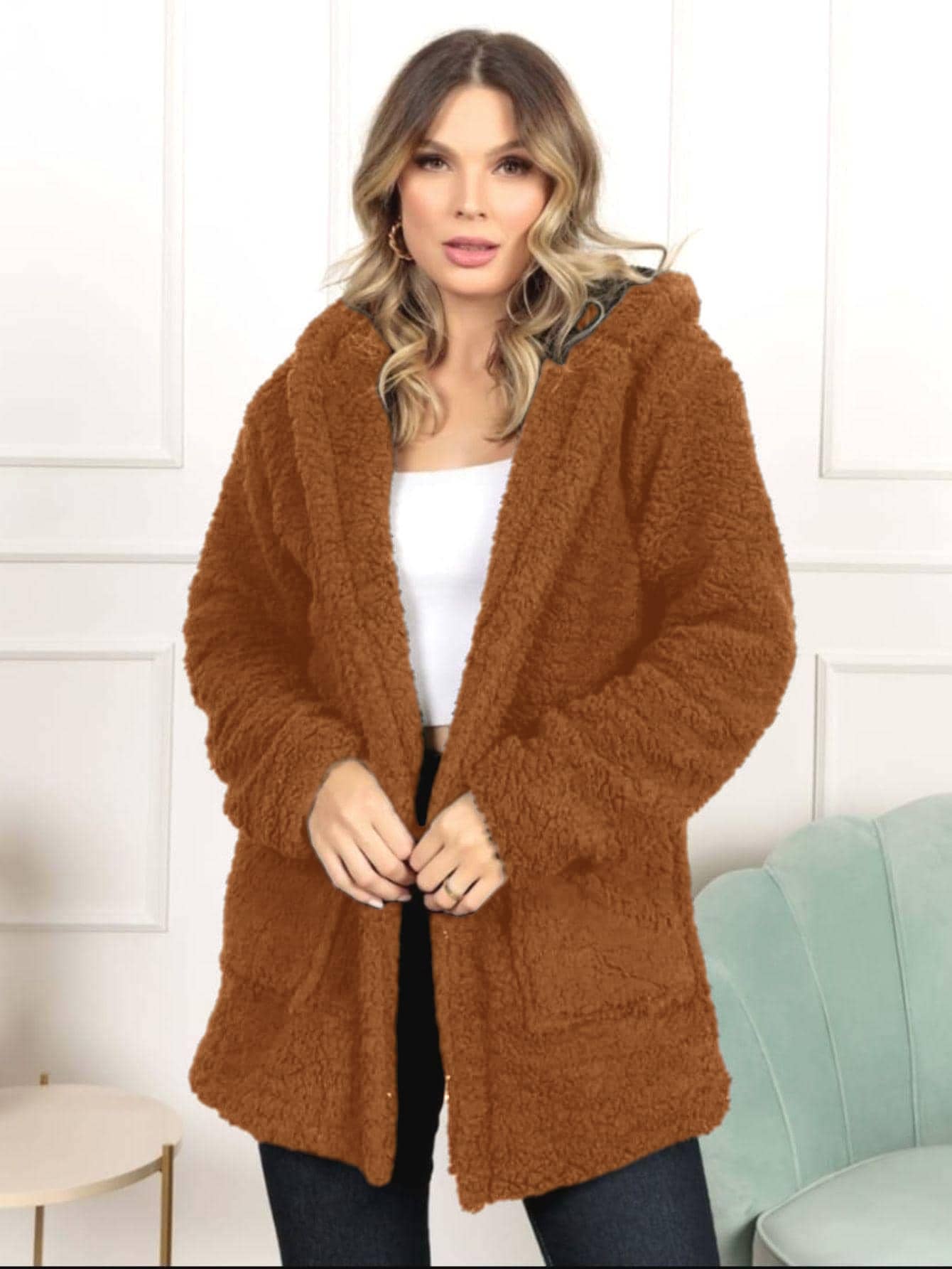 Women's Fur Coat Teddy Overcoat With Hood And Pockets Long Sleeve Fashion Super Shipping!! - Màu Cam cháy - Xem 1