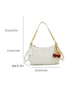 新款时尚女士单肩包，多功能PU防水法棍包，字母图案搭配樱桃珍珠吊坠装饰，时尚女士单肩包/腋下包/商务通勤包/优雅女士钱包，适合购物、通勤和聚会等场合。 - 白色 - 查看 7