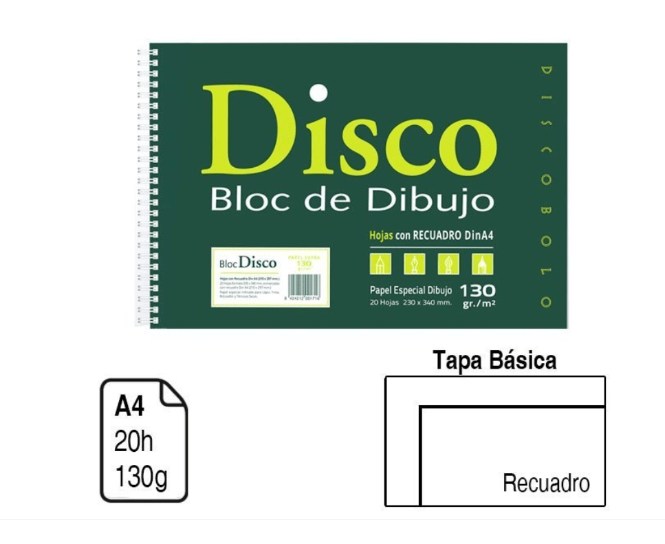 DISCO BLOC DE DIBUJO BLOC ESPIRAL PARA DIBUJO A4 Fº TAPA BÁSICA 20 H. 130 G. RECUADRO/LISO PACK 3U/6U CALIDAD GARANTIZADA