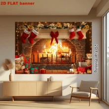 Biểu ngữ phông nền lò sưởi Giáng sinh phẳng 2D, vải bền trang trí trong nhà/ngoài trời thích hợp cho tiệc Giáng sinh, đám cưới, sinh nhật và ngày lễ, trang trí ngày lễ đa chức năng để tạo bầu không khí ấm áp, hoàn chỉnh - Màu xanh lam - Xem 3