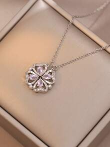 1pc Premium Stainless Steel Necklace, Four Leaf Clover & Heart Locket Design, Versatile Wear, Unique & , Suitable As Gift For Friends - Silver - View 12