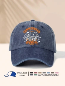 Halloween Series Washed Baseball Cap With SUMMERWEEN Skeleton, Bat, Pumpkin Print, Festive Halloween Carnival Atmosphere - Washed Cap - View 17