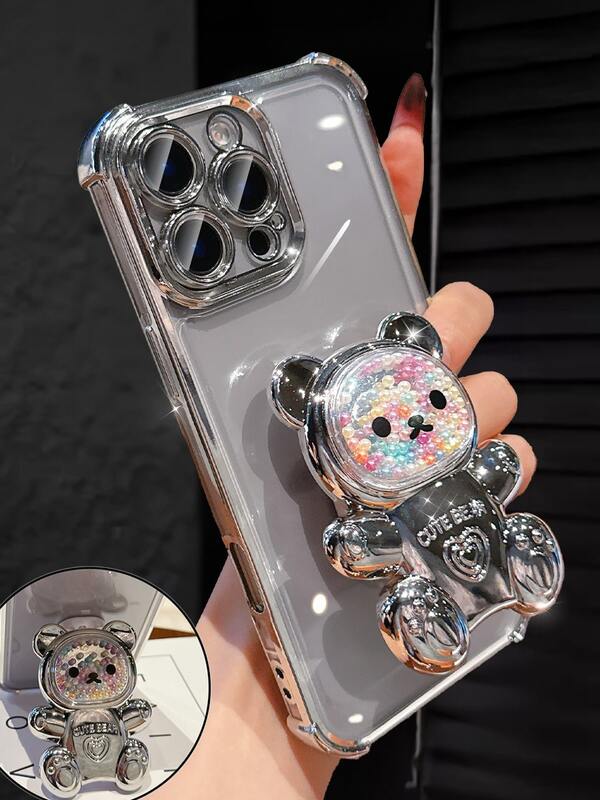 Luxury Electroplated Clear Silver Phone Case With Creative Cute Bear Stand Holder, Rhinestone Glitter Sparkle Y2k Style, Drop-Resistant, Anti-Drop,Summer New Fashion Silicone Shockproof Protective Soft Cover Compatible With IPhone 16 16e 15 14 13 12 11 X XS XR 8 7 Plus Pro Max Mini, Samgsung Galaxy S24 S25 Ultra, Compatible With Xiaomi Redmi, Compatible With Huawei Honor OPPO Reno MOTO Infinix Women 2025