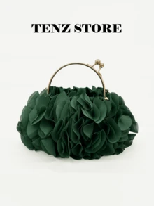 Women's Elegant Emerald Green Floral Pleated Satin Clutch Bag, Party Handbag - Exquisite Chiffon Petal Handbag With Detachable Chain Strap, Fits ProMax Size Phone And Essentials, Perfect For Bride, Wedding, Date, Prom, Holiday, Formal Occasions, Graduation Party, Spring Events, Cocktail Party And Special Occasions (Pattern Random) - Dark Green - View 2