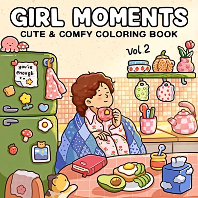 1 pieza Nuevo Libro para colorear de GIRL MOMENTS para adultos | Trazado para principiantes + Alivio del estrés con dibujos, juguete de relajación para adultos, diseño relajante simple, incluye varios patrones y escenas cómodas de la vida cotidiana de las niñas, adecuado para artículos de papelería, útiles escolares, gran regalo para niñas, Día de San Valentín, Año Nuevo