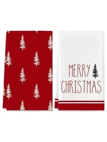 Set 2 buc. prosoape de bucătărie de Crăciun, prosoape de vase cu mesajul "Crăciun fericit", amestec de poliester ultra moale, design modern, decor de brad de Crăciun alb și roșu, 15,7 x 23,6 inci