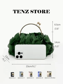 Women's Elegant Emerald Green Floral Pleated Satin Clutch Bag, Party Handbag - Exquisite Chiffon Petal Handbag With Detachable Chain Strap, Fits ProMax Size Phone And Essentials, Perfect For Bride, Wedding, Date, Prom, Holiday, Formal Occasions, Graduation Party, Spring Events, Cocktail Party And Special Occasions (Pattern Random) - Dark Green - View 9