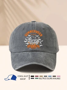Halloween Series Washed Baseball Cap With SUMMERWEEN Skeleton, Bat, Pumpkin Print, Festive Halloween Carnival Atmosphere - Washed Cap - View 6